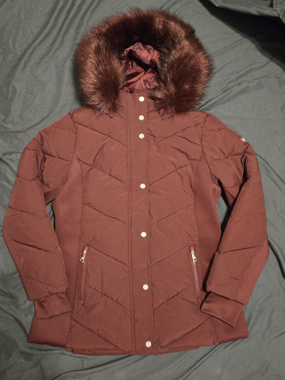 Michael Kors Burgundy Quilted Hooded Puffer with Faux-Fur Trim